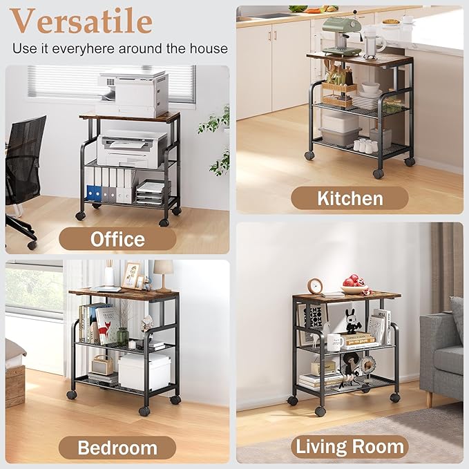 Printer Cart with Wheels, Printer Stand with Storage, Printer Table for Home Office, 3 Tier Cart with Adjustable Shelf, Supports Up to 100 Lbs, for Print, Heat Press, Scanner & Fax