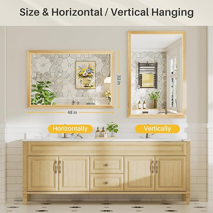 48x32 Inch Bathroom Mirror for Wall, Anti-Rust Oak Wood Grain Metal Framed Bathroom Mirrors for Over Sink,Rectangler Mirrors for Bathroom Vanity, Farmhouse, Bedroom, Living Room, Entryway Decor