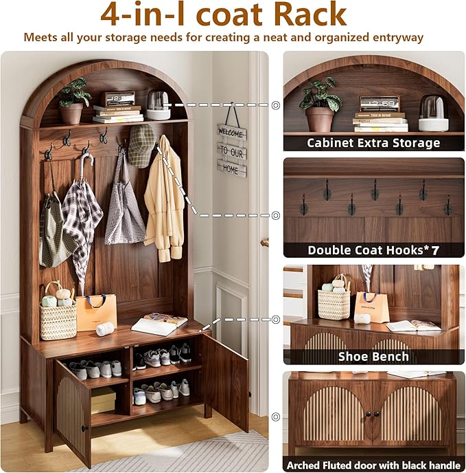 Hall Tree with Bench and Shoe Storage, 78.74" Entryway Storage Bench with 7 Hooks and 2 Adjustable Shelves,Arch Coat Rack Freestanding Retro Hall Tree Organizer for Hallway,Mud Room,Entryway (39.37"W)