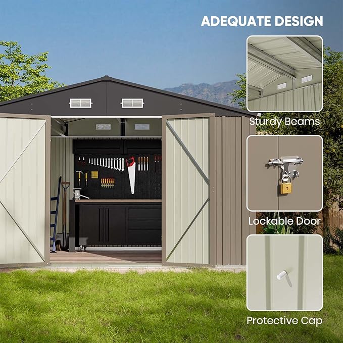 Patiolife Outdoor Storage Shed 10x8 FT with Floor Frame, Garden Tool Metal Shed with Sloping Roof and Double Lockable Door for Backyard Garden & Patio, Brown