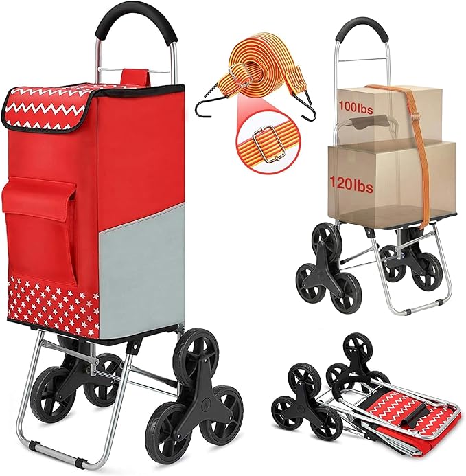 Shopping Cart, Super Loading Stair Climber 220 lbs Capacity Grocery Foldable Cart with Extra Large Shopping Bag Laundry Utility Cart with Adjustable Bungee Cord, red