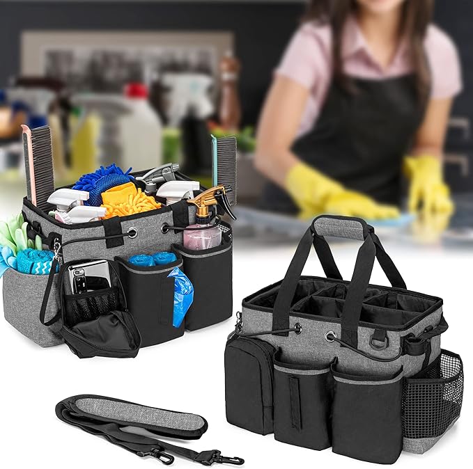 LoDrid Large Professional Cleaning Caddy with Detachable Divider, Supply Organizer with Handle and Shoulder Strap, Cleaning Bags for Housekeepers & Cleaners, Black