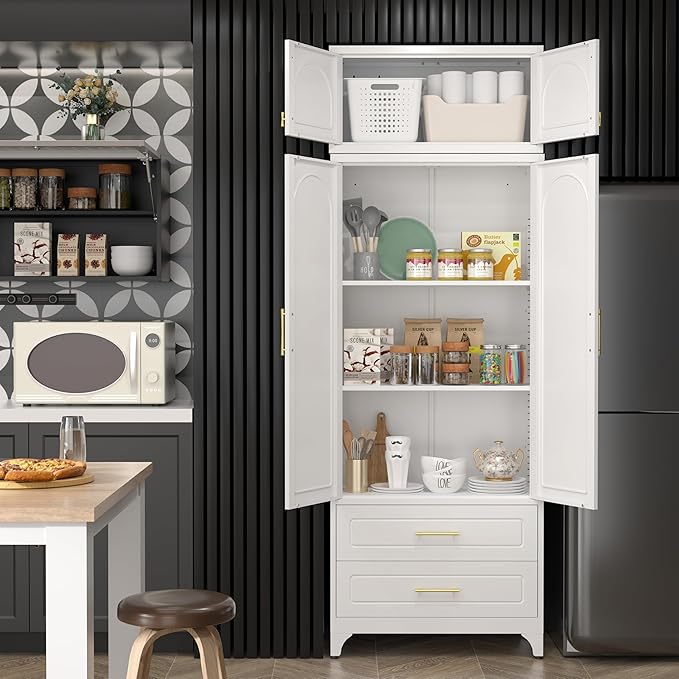 Kitchen Pantry Cabinet，90" Storage Cabinets with Doors and Shelves,Metal Pantry Cabinet with 2 Drawers,White Kitchen Cupboard for Livingroom,Pantry, Bathroom