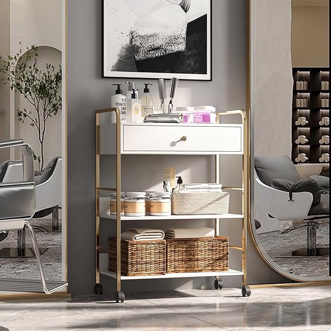 Salon Rolling Trolley with Lockable Wheels Barber Cart Storage Drawer Shelf Mobile Hair Station Cabinet for Beauty Makeup Spa Massage Lash Tattoo Pedicure