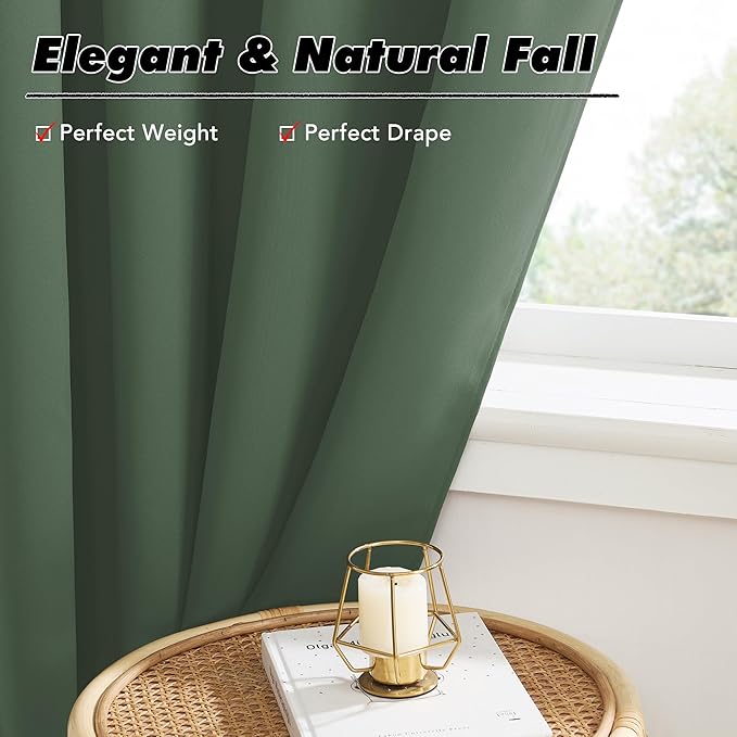 KGORGE Short Curtains 45 inch Length, Privacy Thermal Insulated Curtains Noise Reducing Window Drapes for Bedroom Kitchen, Back Tab Rod Pocket, W52 x L45 inches, Dark Green, 2 Panels