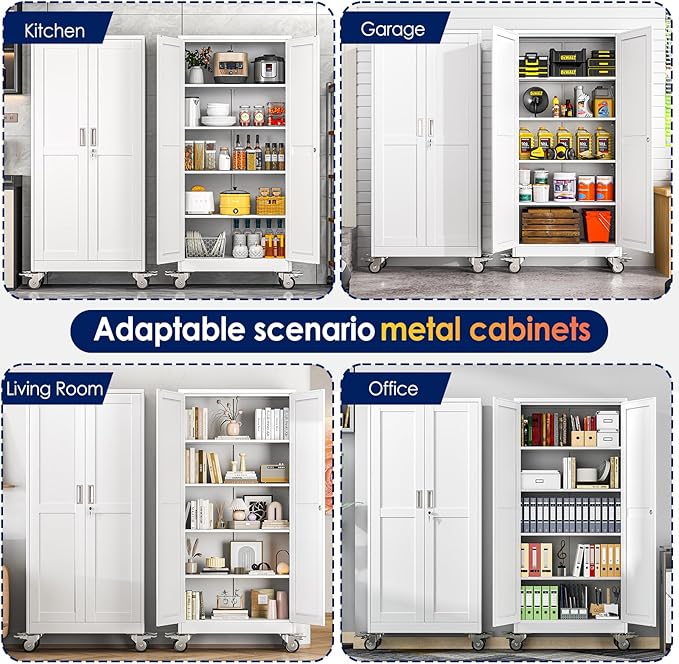 71" H Metal Garage Storage Cabinet, Rolling Tool Cabinet with 2 Doors and Wheels, Locker Steel Cabinet with 4 Adjustable Shelves, Organization Cabinet for Garage,Office,Home,Gym,School（White）