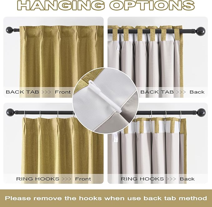 DUALIFE Mustard Yellow Pinch Pleated Blackout Curtains 95 Inches Long, Back Tab with Hooks, Linen Full Black Out Thermal Insulated Track Curtain for Bedroom Living Room,50 W x 95 L, 2 Panels