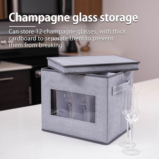 VENO 1 Pack Champagne Flute Glass Storage Box, Stemware Storage Case Hard Shell, Christmas Holiday Ornaments China Container with Dividers and Handles, for Moving Crystal Wine Glassware (12 Glasses)