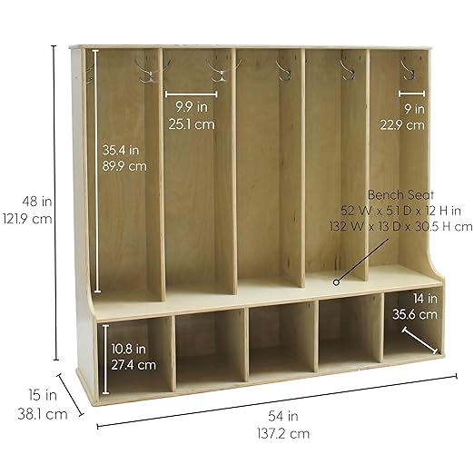Factory Direct Partners 13141-NT Birch 5-Section Coat Locker with Bench, 5 Storage Cubbies and Coat Hooks - Natural