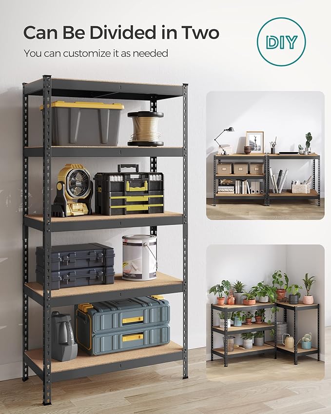 SONGMICS 5-Tier Storage Shelves, Load 2310 lb, Garage Storage, Boltless Assembly, Adjustable Shelving Unit, 17.7 x 35.4 x 70.9 Inches, for Study Shed Basement, Black and Natural Beige UGLR450B01