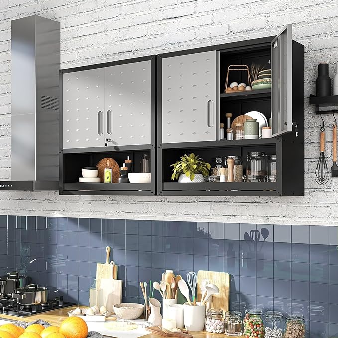 Metal Garage Wall Cabinet with Lock, Wall Mounted Metal Storage Cabinets with Doors and Shelf, Lockable Floating Tool Storage for Garage Basement Utility Room