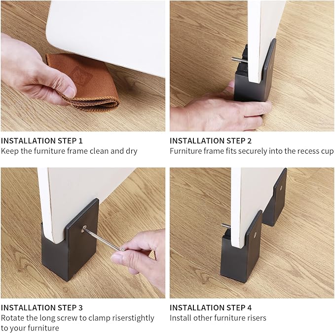 Bed Risers with Adjustable Screw Clamp, Fits Thickness of Furniture Frame from 0 to 1.5 Inch, Furniture Risers 4 Inch Heavy Duty Risers for Table Cabinet Support up to 5000lbs (4Pack, Black)
