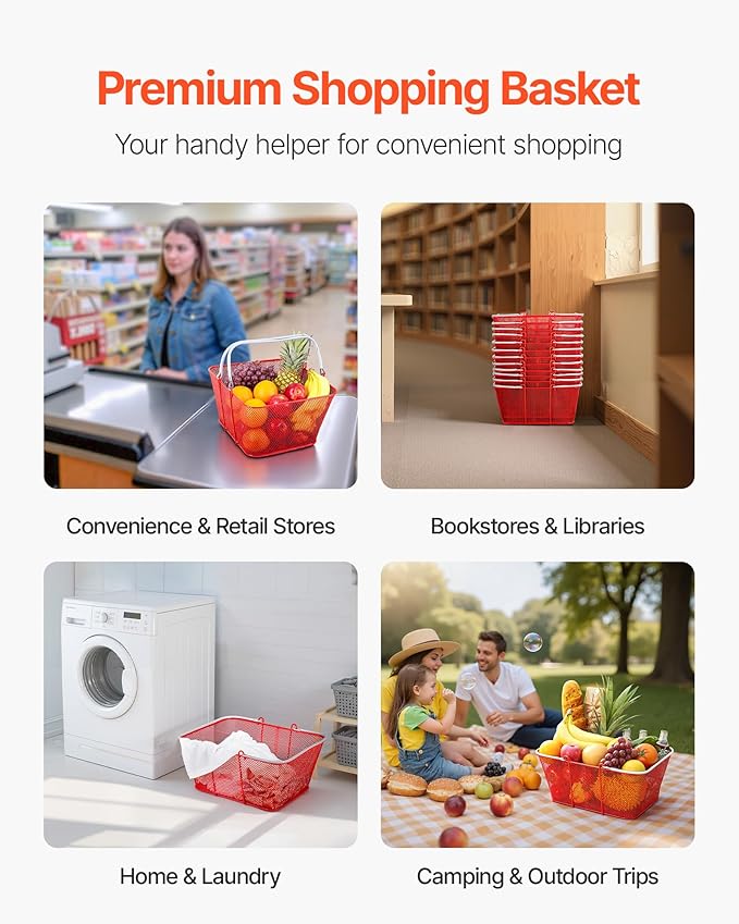 VEVOR Shopping Baskets, 12 PCS, 22L Stackable Metal Grocery Baskets with Handles, Dense Mesh Structure, Holds up to 44 lbs, Portable for Grocery, Retail, Stores, Supermarket, Bookstore, Home Use, Red