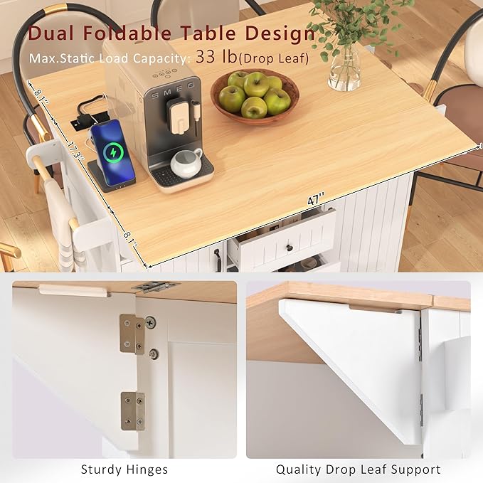 Merax 55.7" Upgraded Large Kitchen Cart Island on Wheels with 2 Drop Leaf,Power Outlet,3 Drawers,Wood Storage Cabinet