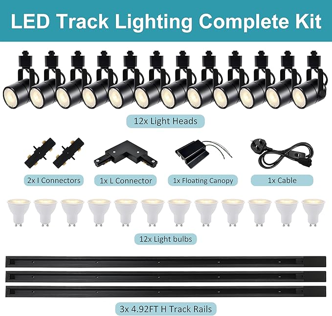 GU10 LED Black Track Lighting Complete Kit, Dimmable H Type 14.76FT Track Rails,4000K Natural Light 12 Packs GU10 LED Bulbs Ceiling Spotlight Fixture, an Cost-Effective Lighting Solution