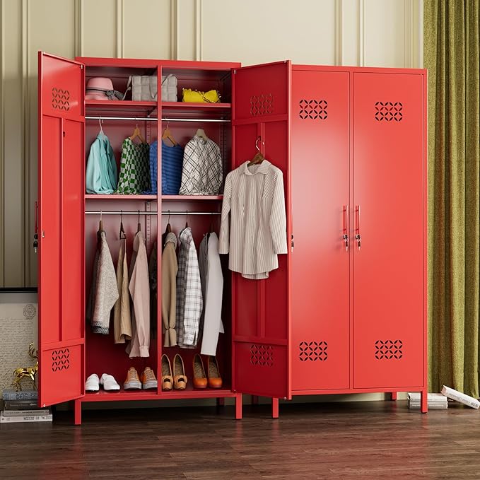 Aobabo Metal Wardrobe Cabinets with Lock, 2 Door Metal Closet wtih 4 Adjustable Shelves and 2 Hannging Rod, Lockable Locker Cabinet, Storage Locker for Home, Office,Red, Assembly Required