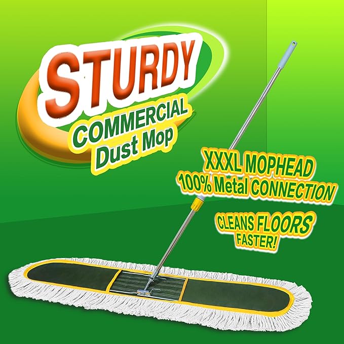 48-Inch Commercial Dust Mop for Hardwood Floors, Large Dry Mop with Reusable Cotton Yarn Head, Telescopic Stainless Steel Handle - Ideal for Industrial Floor Cleaning, Marble, Laminate