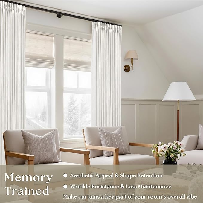 Beige White Pinch Pleated Linen Curtains 2 Panels 100 Inches Long for Living Room Bedroom Memory Training Shaped Semi Sheer Pleat Drapes with Hooks Rings Light Filtering Window Curtain 40x100
