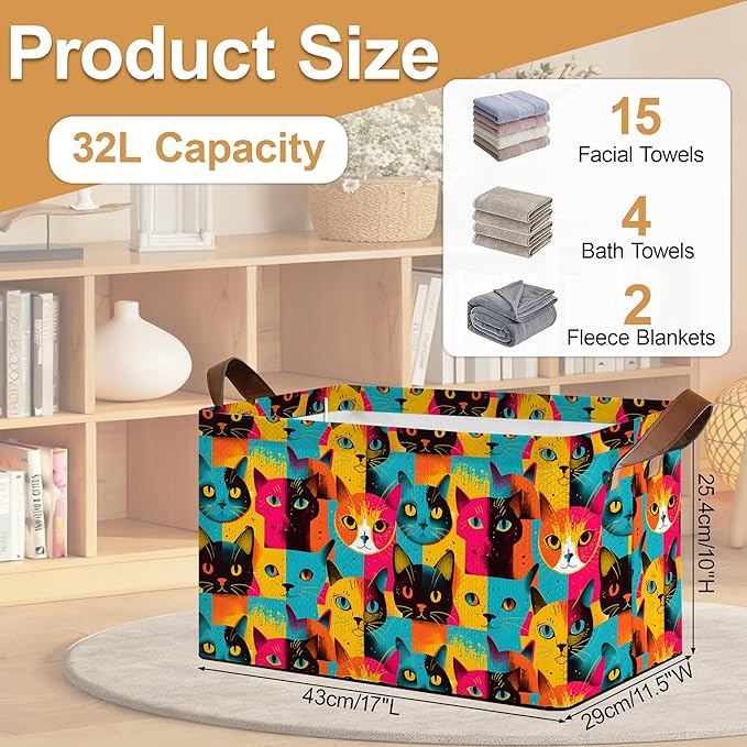 32L Large Storage Bins with Handles, Cute Animal Basket Organizer for Shelves, Closet, Books, Laundry & Home Decor (Abstract Cat)