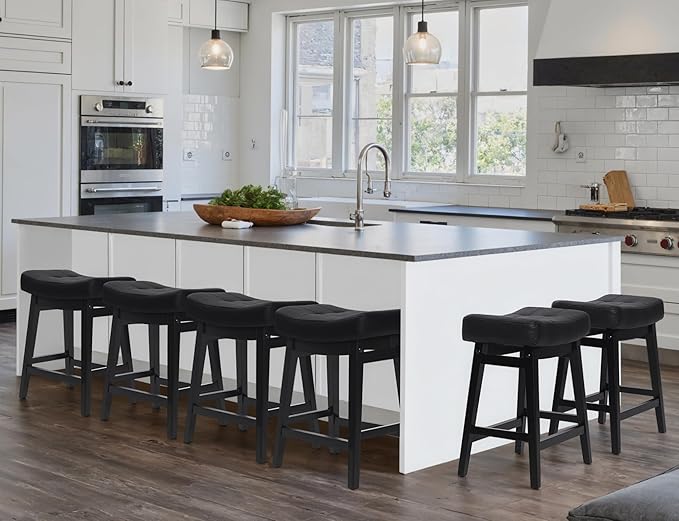 Counter Height Black Bar Stools Set of 6 for Kitchen Counter, Backless Farmhouse Kitchen Island Barstools with Upholstered Faux Leather Saddle Seat and Solid Wood Legs Modern 24 inch Bar Chairs