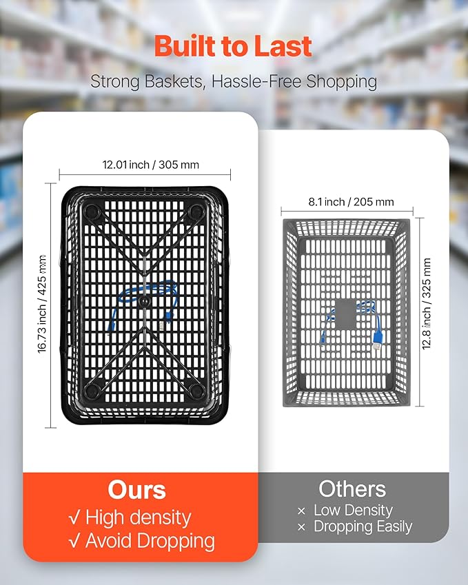 VEVOR Shopping Baskets, 12 PCS, 21L Stackable PE Plastic Grocery Baskets with Handles, Dense Mesh Structure, Holds up to 20 lbs, Portable for Grocery, Retail, Stores, Supermarket, Home Use, Black