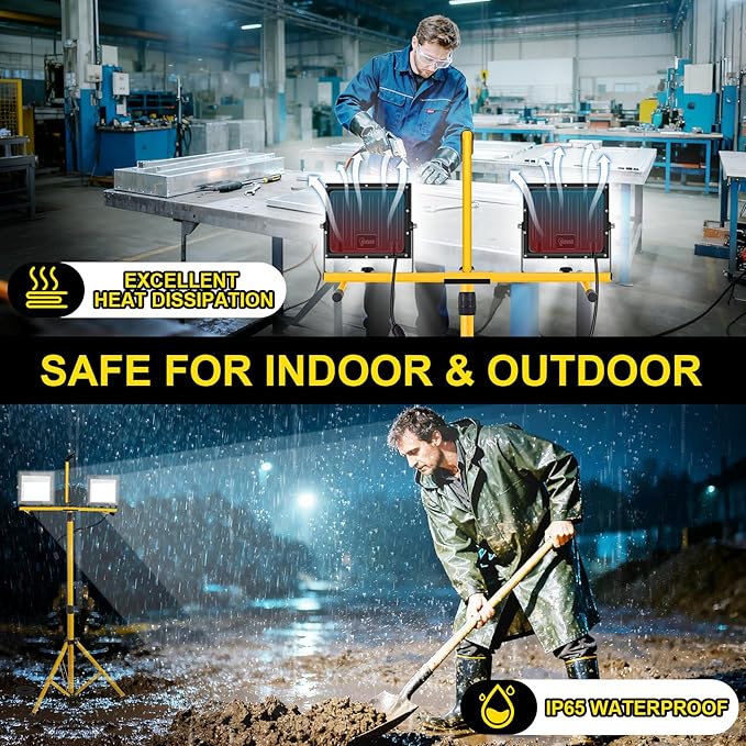 Work Lights with Stand 21000 Lumen, 2 Adjustable Heads Work Lights on Stand, with Adjustable and Foldable Tripod Light Stand for Outdoor Indoor Workshop Garage Construction Site Lighting