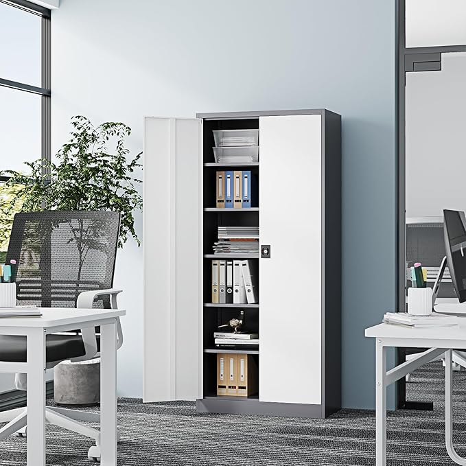 Metal Storage Cabinet-72” Tall Steel File Cabinets with Lockable Doors and Adjustable Shelves-White&Gray Steel Storage Cabinet for Home Kitchen, Office, Garage