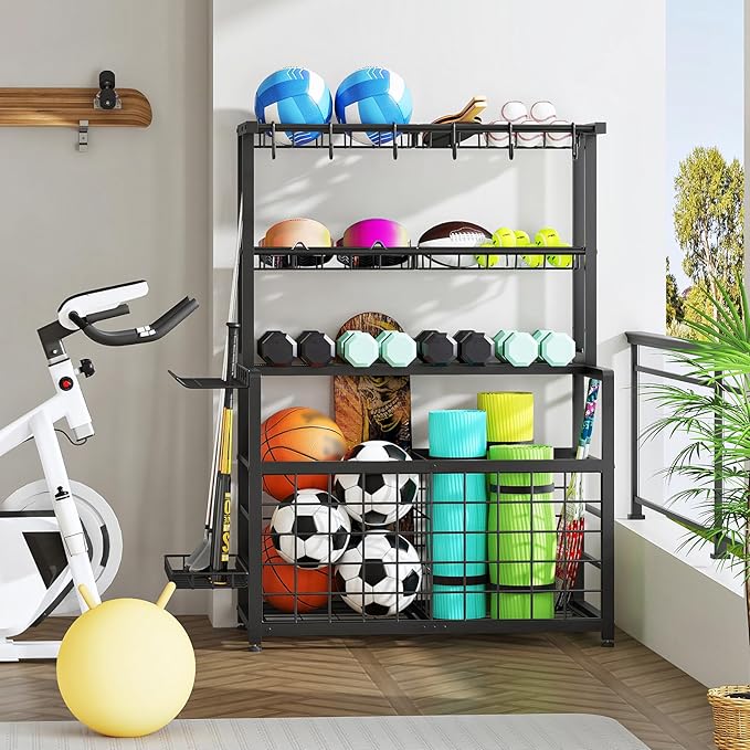 HOOBRO Sports Equipment Garage Organizer, Ball Storage Rack with Basket, Heavy Duty Ball Holder with Hooks, for Outdoor, Garage, Club, Basement, Black BK80JJ01