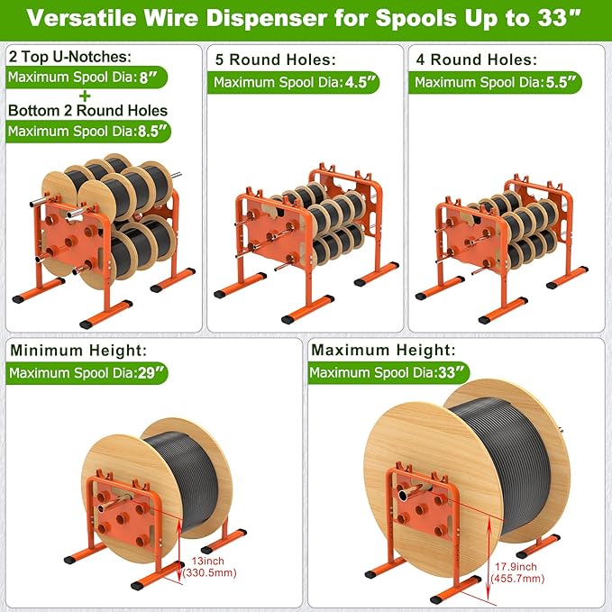 SELEWARE Heavy-Duty Adjustable Wire Dispenser – Professional Welded Steel Wire Spool Rack, Portable Cable Caddy for Spools Up to 33" in Diameter, Supports 800 lbs