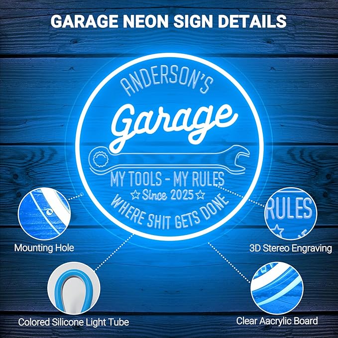 Custom Garage Neon Signs for Wall Decor, Personalized LED Neon Lights Tool Wrench Sign for Men Dad Gifts, Customized Garage Light Up Signs for Workshop Carport Repair Shop Carbarn Man Cave Business