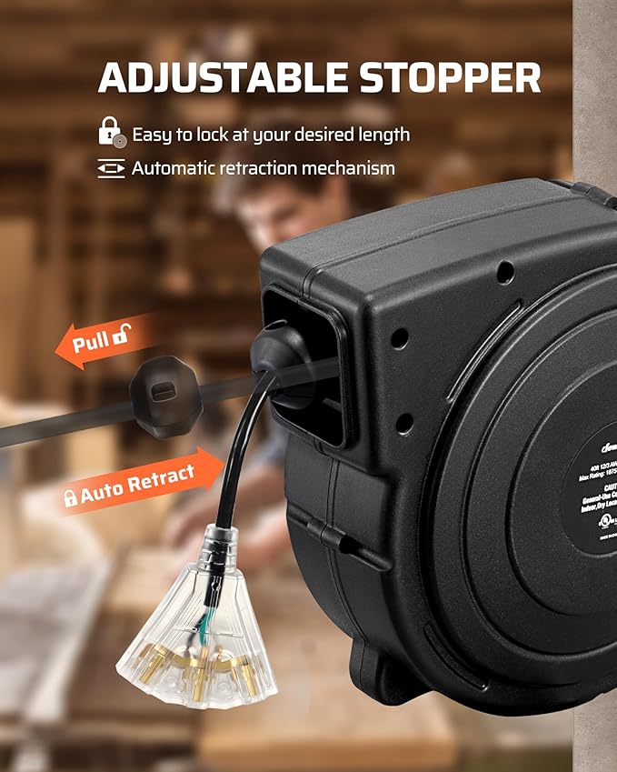 DEWENWILS Retractable Extension Cord Reel, 40 FT Heavy Duty Power Cord, 12AWG/3C SJTOW, 3 Grounded Outlets Lighted Triple Tap, 15 Amp Circuit Breaker, UL Listed