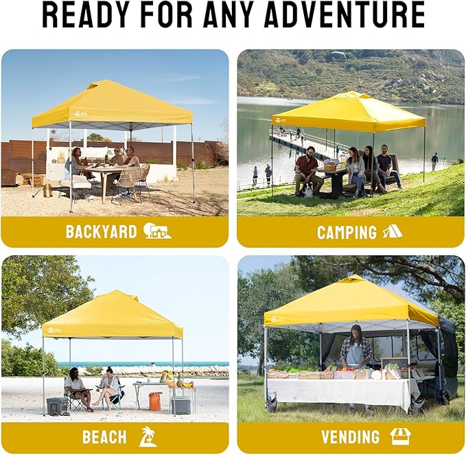 Crown Shades 10x10 Pop Up Canopy - Beach Tent with One Push Setup - Outdoor Sun Shade for Events, Parties, Camping - Gazebo with STO-N-Go Cover Bag, Silver Coated Top, 3 Height& 4 Sand Bags, Yellow