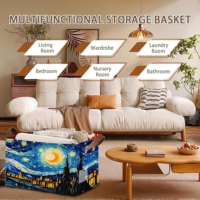 Artist Inspired Floral Storage Basket Large 17x11.5x10.5 Inche-Collapsible Fabric Organizer Bin with Handles for Living Room, Blankets-Decorative Hamper with Impressionist Flower-Single Pack