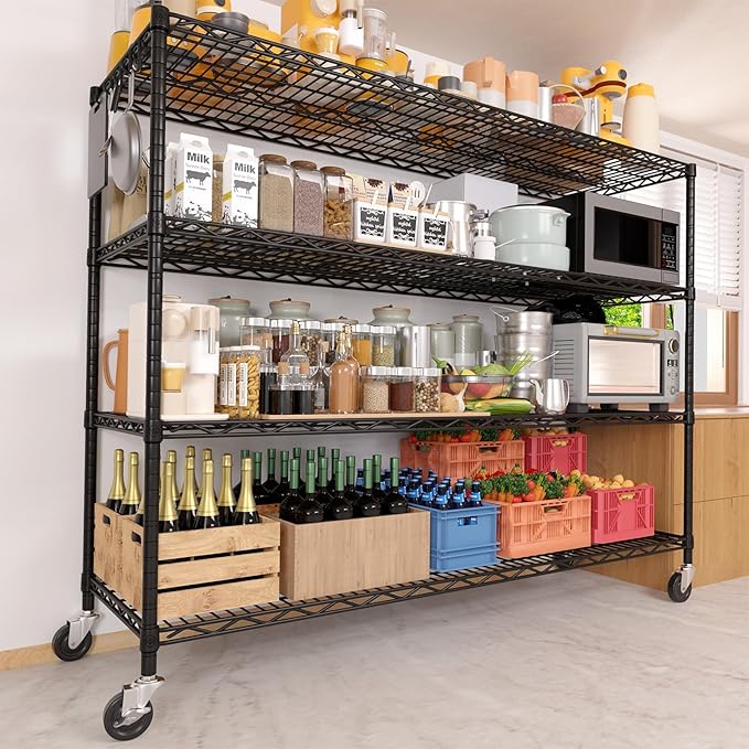 PrimeZone 6 Packs 55.5" W x 24" D x 80" H Heavy Duty Wire Storage Shelves with Wheels, 4 Tier Adjustable NSF Certified Garage Shelving Unit, Rolling Metal Organizer Shelf Rack for Warehouse, Pantry