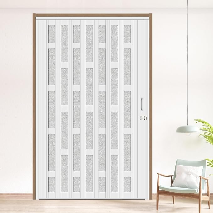 60X79in Frosted Acrylic Glass PVC Accordion Folding Door for Closet,Multifold Interior Door with Installation Hardware,Includes Handle and Latch,White Beech