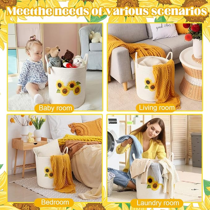 Rustic Sunflower Cotton Rope Basket Large 17.7'' x 14.9'' Clothes Woven Basket Storage for Toy Laundry and Blanket Organizer Round Hamper with Handles for Nursery Organizer Bedroom