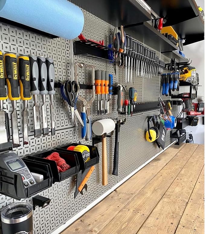 OmniWall Modular Metal Pegboard System, 16x48 inches, Steel Construction, Wall-Mounted Tool Storage (White, Horizontal)
