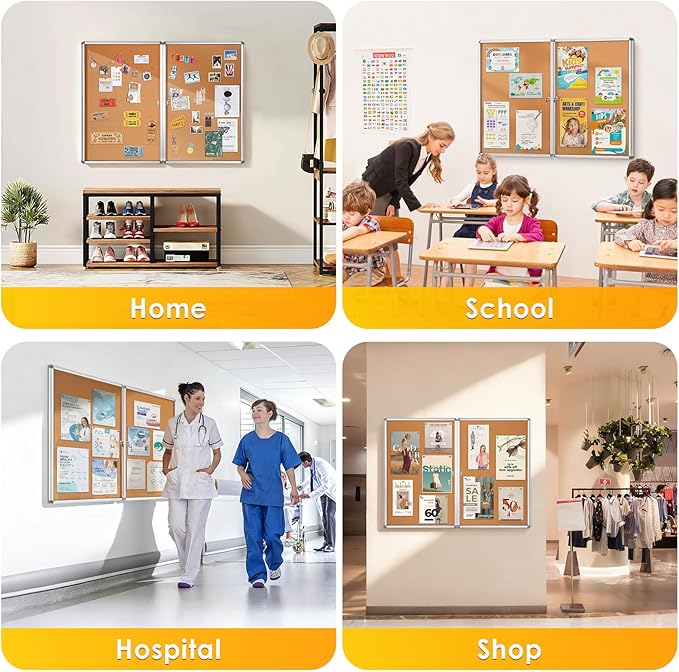 SWANCROWN Enclosed Bulletin Board 36x24 in, Tamperproof Lockable Cork Board Wall Display Case for Office School Home, Aluminum Frame, Pack of 2
