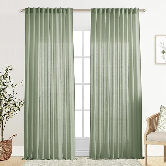 XTMYI 70 Inches Wide Sage Green 96 Inches Long Country Curtains for Living Room,Sheer Linen Curtains for Bedroom
