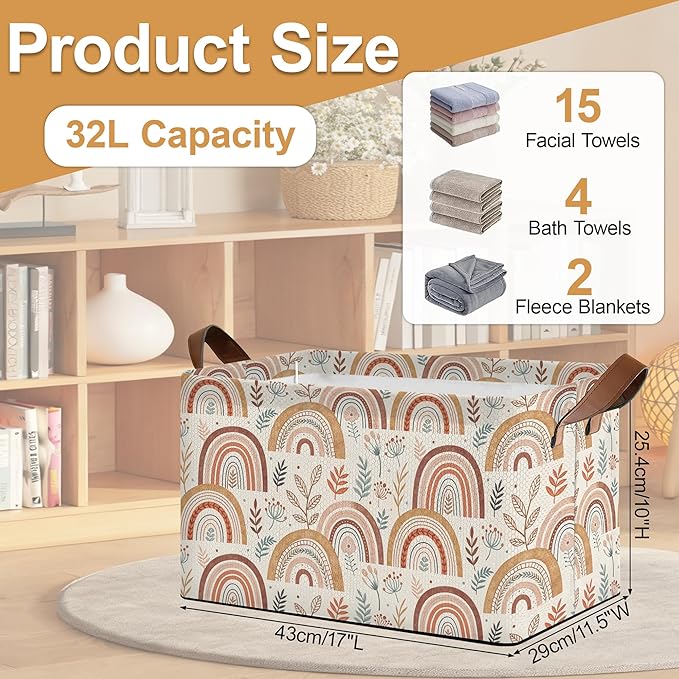 32L Large Storage Bins with Handles, Basket Organizer for Shelves, Closet, Books, Laundry & Home Decor (Colorful Rainbow)