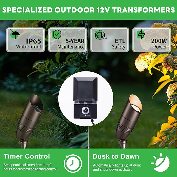 12v Landscape Lighting Kit, with 12 Pack 3CCT Spotlights and 200W Transformer and 250FT Cable and 40 Wire Connectors, Aluminum ORB Ip65 Waterproof Tree Light for Home Patio Plant