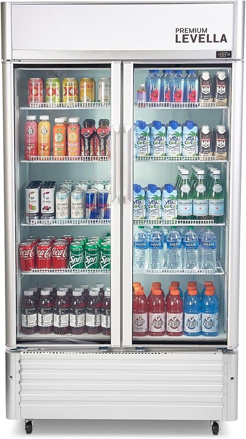 PremiumLevella PRN165DX Glass Door Display Refrigerator 16 cu ft Commercial Beverage Cooler Merchandiser With Customizable Lightbox - Silver