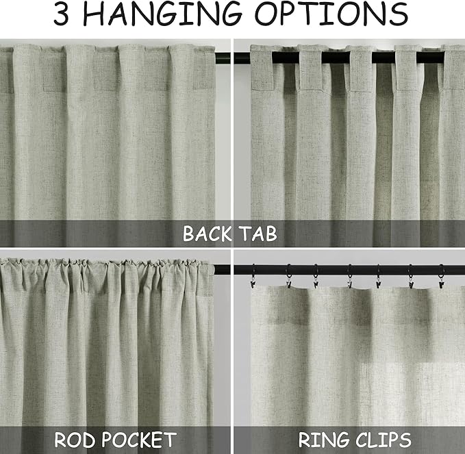 Sage Curtains 94 inches Long 2 panels for Living Room Back Tab Rod Pocket Semi Sheer Linen Draperies Muted Neutral Sage Green Room Decor Earth Tone Pale Green Curtain for Diningroom Bedroom Office