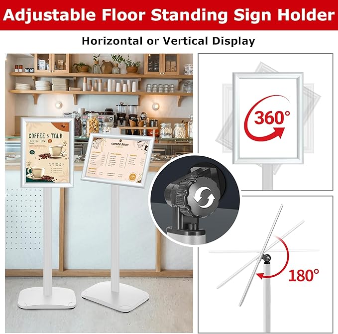 Heavy Duty Standing Sign Holder 8.5x11 Inch - Pedestal Floor Sign Stand with Weighted Base - Vertical & Horizontal View Poster/Menu Holder for Indoor/Outdoor Business Store Advertising, Silver