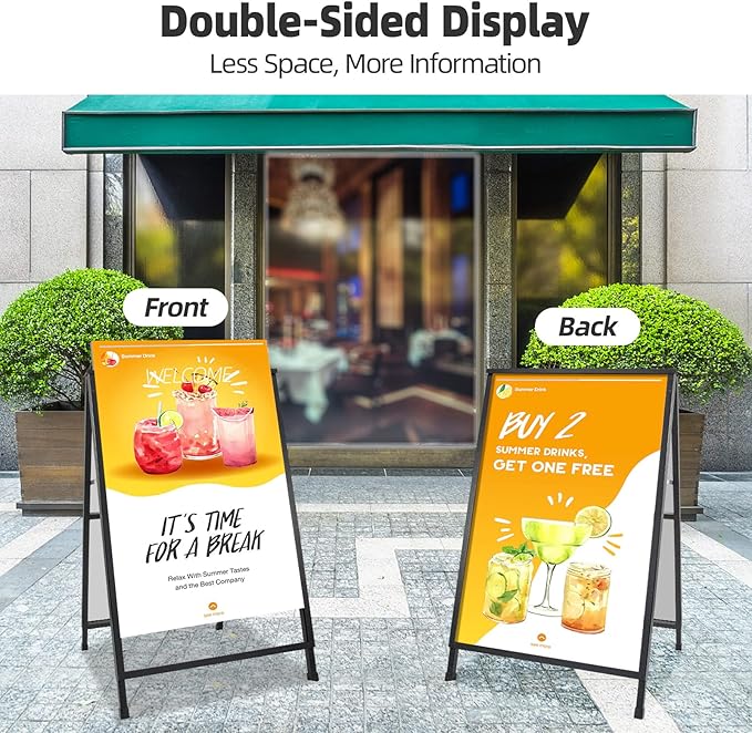 2 Pack Heavy Duty A-Frame Sidewalk Sign 24 x 36 Inch, Portable Double-Sided Sandwich Board Slide-in Folding Metal Signboard with 4 Plastic Poster Boards