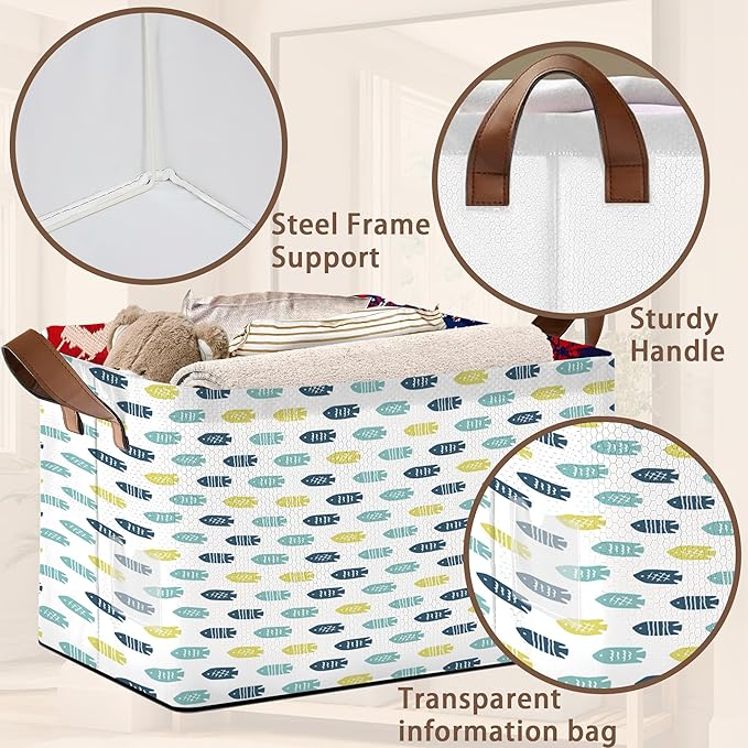 Cute Fish Storage Basket Large 17x11.5x10.5 Inches - Collapsible Fabric Organizer Bin with Handles for Kids Room,Laundry,Toys - Foldable Decorative Hamper with Cartoon Fish Design - Single Pack