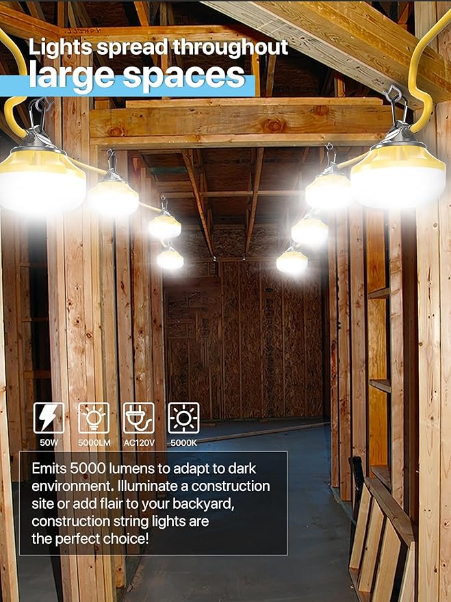 HYPERLITE Construction String Lights: 50FT 5 Bulbs Work Lights with Climbing Hooks - IP65 Waterproof Linkable LED Industrial Temporary Lighting for Construction Sites Attic Crawlspace Renovation