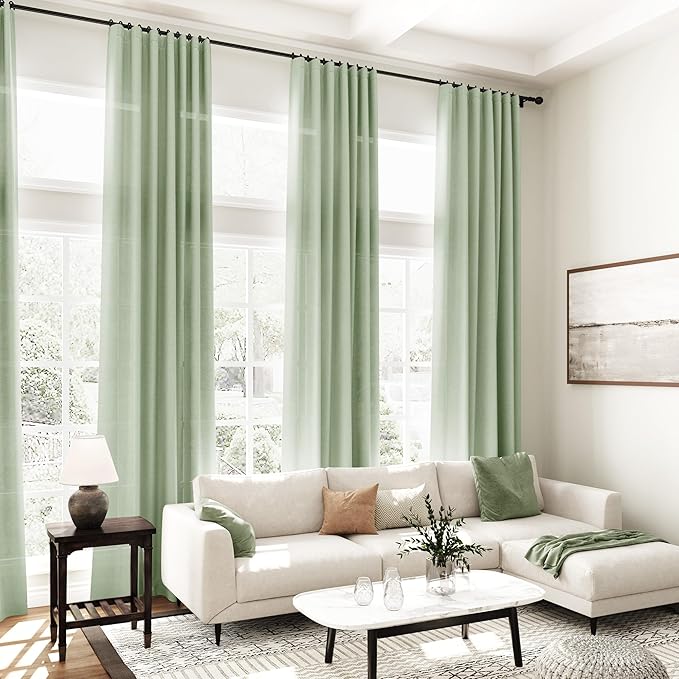 Nanspring Mist Sage Linen Curtains 102 Inches Long Rod Pocket Back Tab Drapes 2 Panels Set for Living Room Bedroom Light Filtering Semi Sheer Mist Sage Curtain 102 Length for Patio Door 52x102
