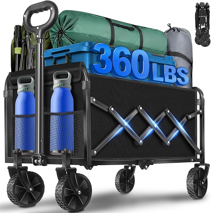 Wagons Cart Foldable, 360 Lbs with Adjustable Handle, Black Lightweight Portable, Collapsible Wagon for Beach Trip, Camping, Shopping, Sports, Travel, Picnic and Grocery (Black)