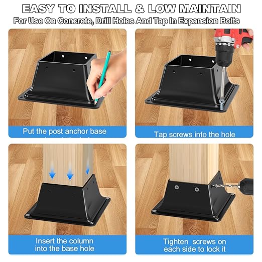 4x4 Post Base 2Pcs-Inner Size 3.6x3.6-Heavy Duty Metal Post Brackets-Deck Post Anchors-Solid Steel-Powder Coated-Wood Post Holder for Porch Handrail Railing Pergola Fence Pavilion-Support Deck Base